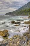 A coastline fringed by lush forest while the waters of the Pacific Ocean lap at the rugged shores, the West Coast of Northern Vancouver Island in British Columbia, is a nature lovers paradise.