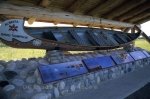 The Alberta race canoe on display at the 1967 Canoe Race Pavilion, Rocky Mountain House National Historic Site in the town of Rocky Mountain House, Alberta, Canada.