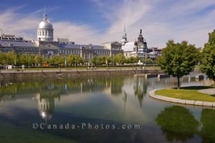 Seen from the Bonsecours Basin in Montreal, Quebec in Canada, the waterfront consists of the Bonsecours Market or the Marche Bonsecours and the Notre-Dame-de-Bon-Secours Chapel.