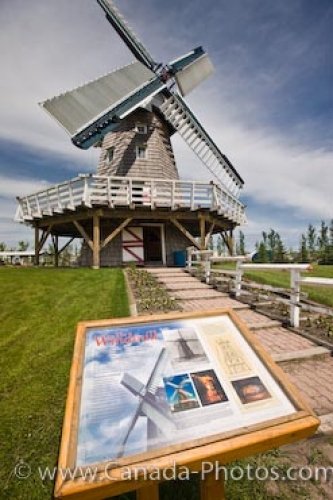 Photo: Mennonite Heritage Village Windmill With Sign Steinbach Manitoba