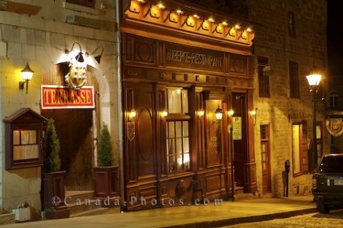 Photo: Rue Bonsecours Restaurant With Night Lights Old Montreal Quebec