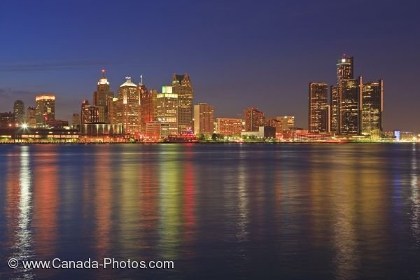 Photo: Detroit Michigan Illuminated Dusk Skyline Picture