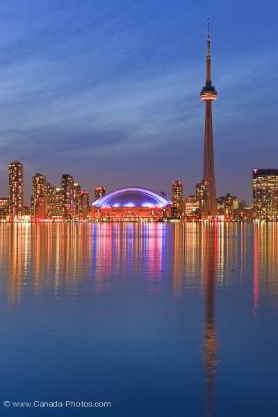 Photo: Illuminated Toronto City Skyline Twilight Reflections Ontario