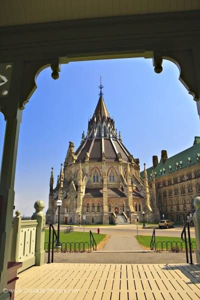 Photo: Library of Parliament in Centre Block of Parliament Buildings from pavilion on Parliament Hill